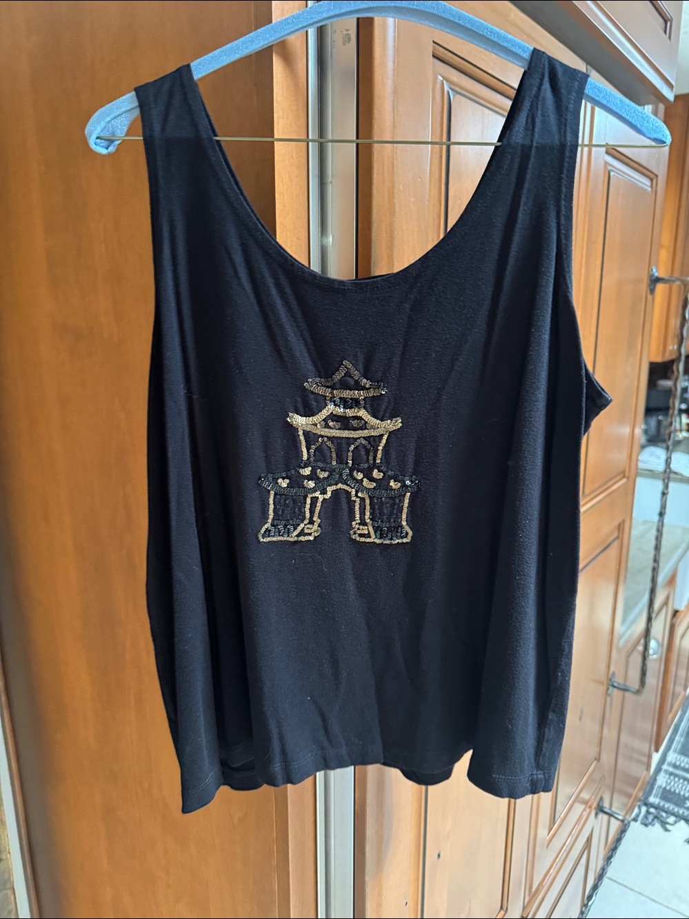 Chico's Black Tank with Gold Sequin Pagoda Motif